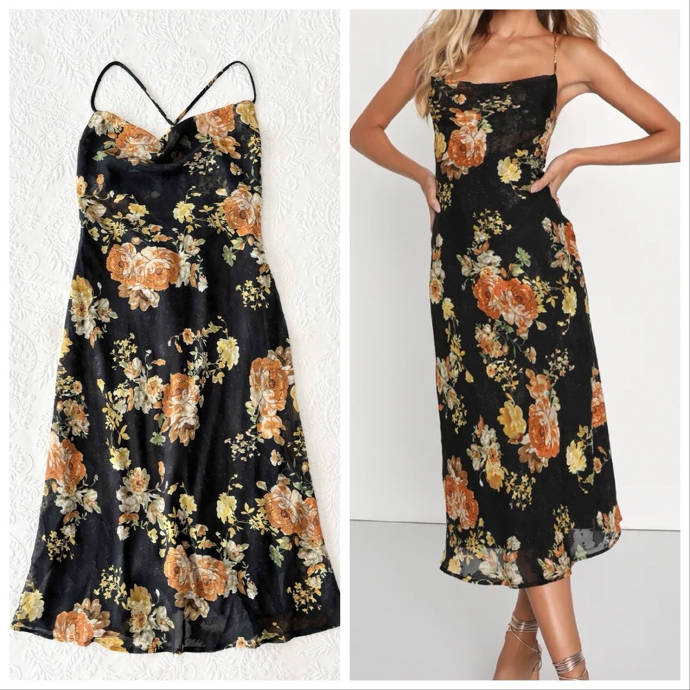 NWOT Lulus Petal Prowess Black Floral Print Lace-Up Cowl Midi Dress Medium